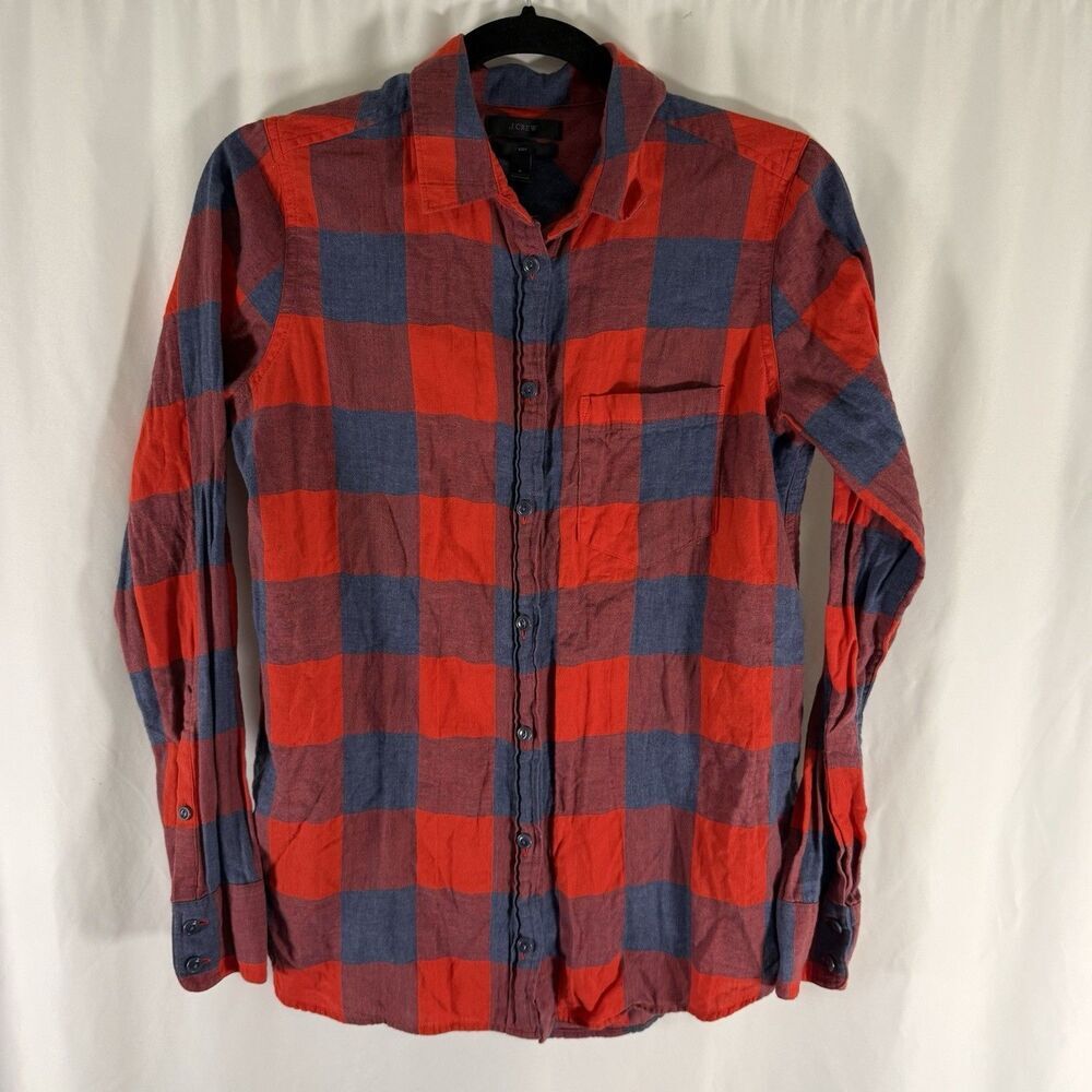 J. Crew Light Flannel Women's 2 Red Blue Plaid Boy Button Up Long Sleeve Cotton